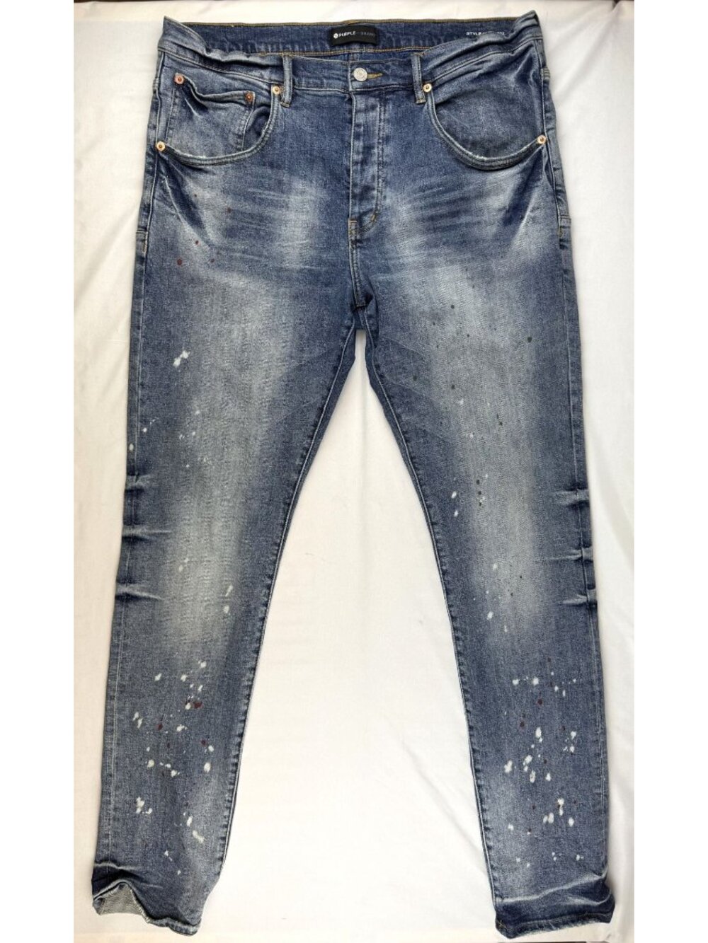 Purple Brand Jeans P002 Blue Button fly Distressed Paint Splatter 36x33